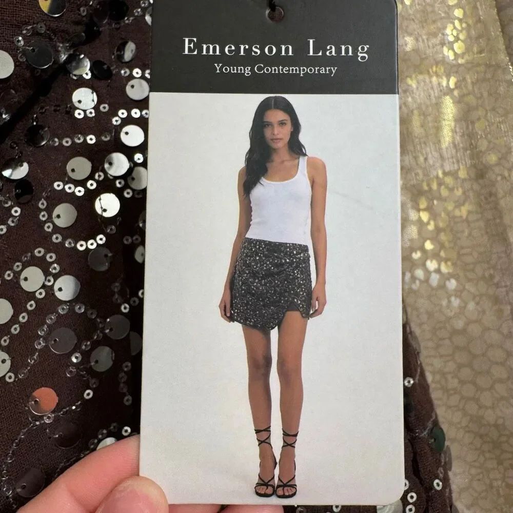Emerson Lang Brown Silver Sequin Shiny Mini Wrap Front Skort Small NWT - Picture 6 of 8